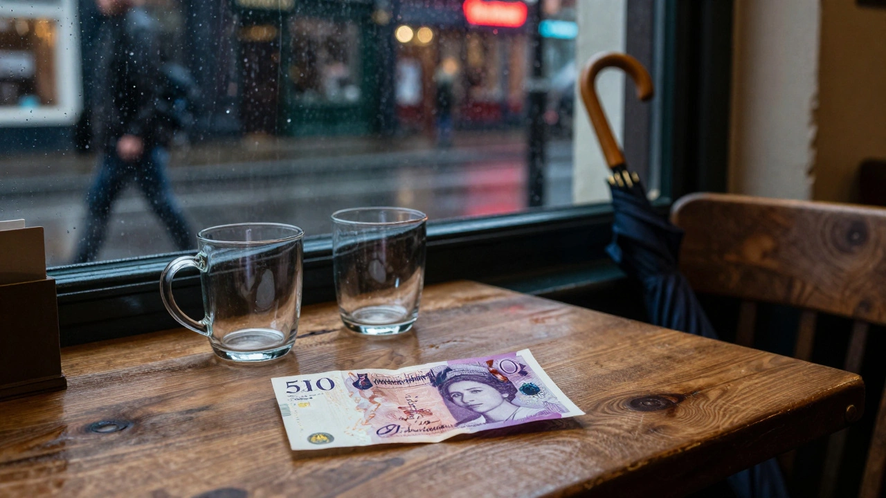 An empty table at Tooting Grind with a folded £50 note, two mugs, and an umbrella, rain on the window.