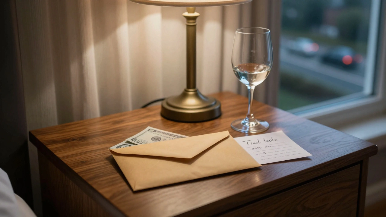 An envelope with cash and a wine glass on a hotel nightstand, symbolizing a respectful, private encounter.