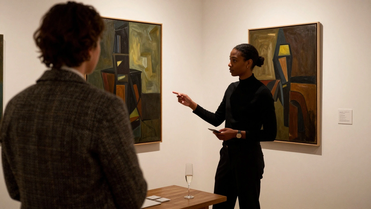 An escort and client discussing art in a dimly lit Shoreditch gallery, with champagne and paintings in the background.