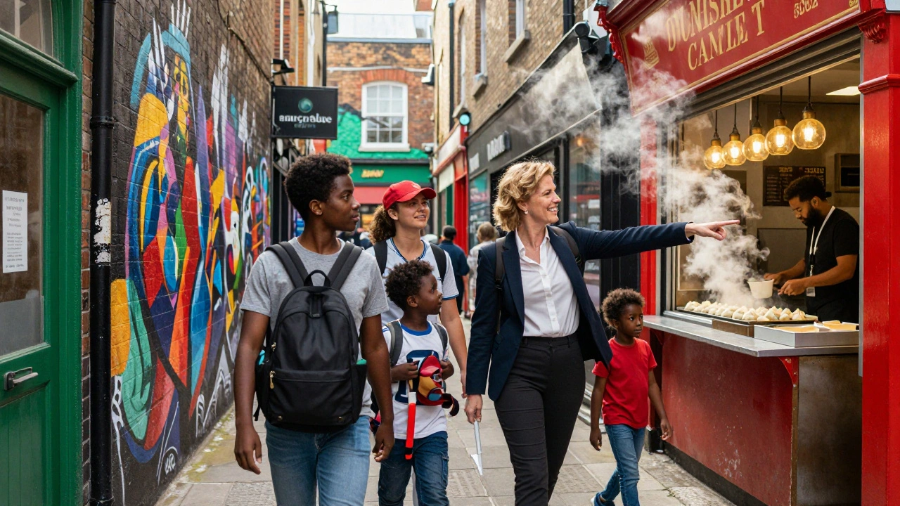 An escort guides diverse travelers through Brick Lane, pointing to a local food stall in East London.