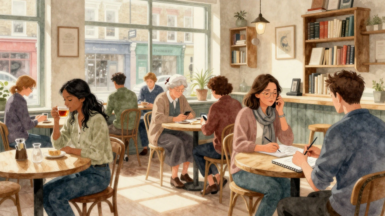 Diverse individuals sit calmly in a Hackney café, engaged in quiet conversation with no phones in sight.