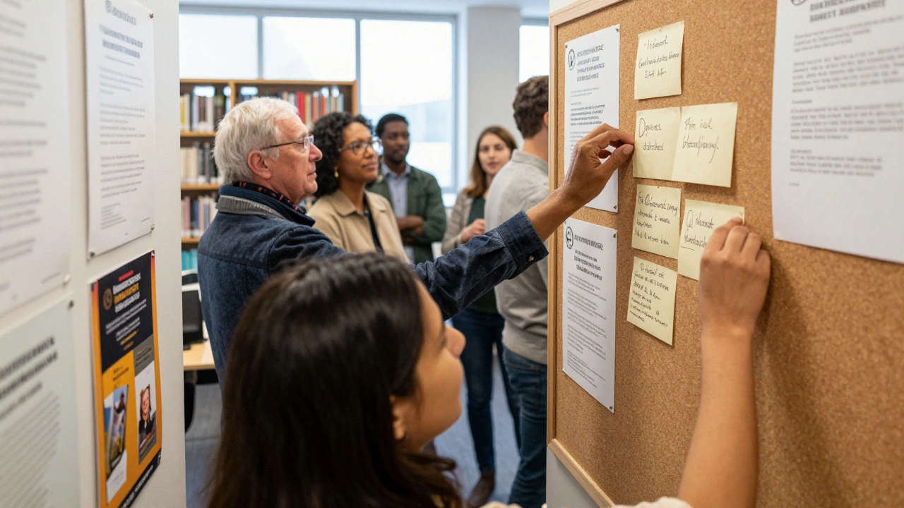 Diverse locals interacting at Barking Library’s community board, handwritten notes and quiet conversations.
