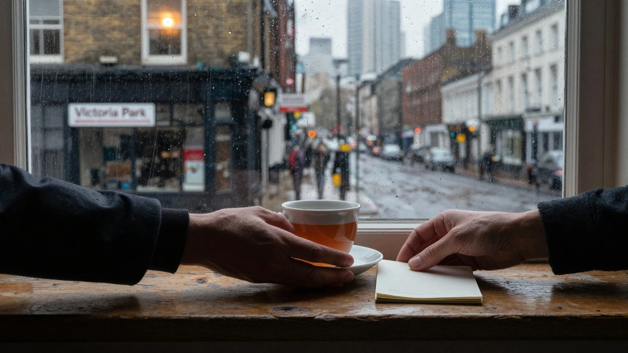 Hands offering tea beside a note on a windowsill with rain-streaked London view.