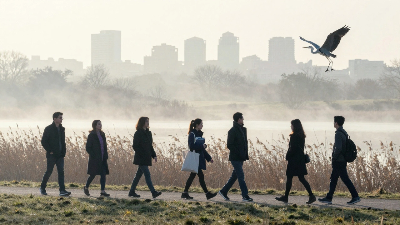 Silhouettes of people walking peacefully at Walthamstow Wetlands at dawn.