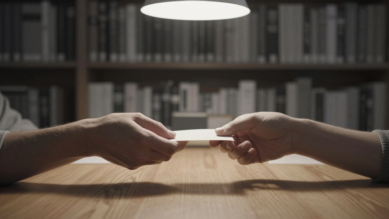 Two hands exchanging a note in a quiet Southall library, lit by a single warm lamp.