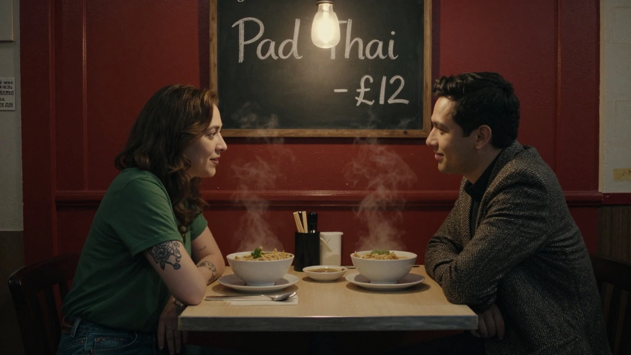 Two people share a quiet meal at a local Thai restaurant on Roman Road, steam rising from their bowls.