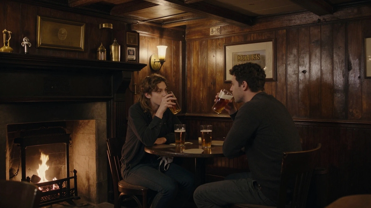 Two people share a quiet moment in the historic Harrow on the Hill pub, sipping ale by the fireplace in a warm, wood-paneled room.