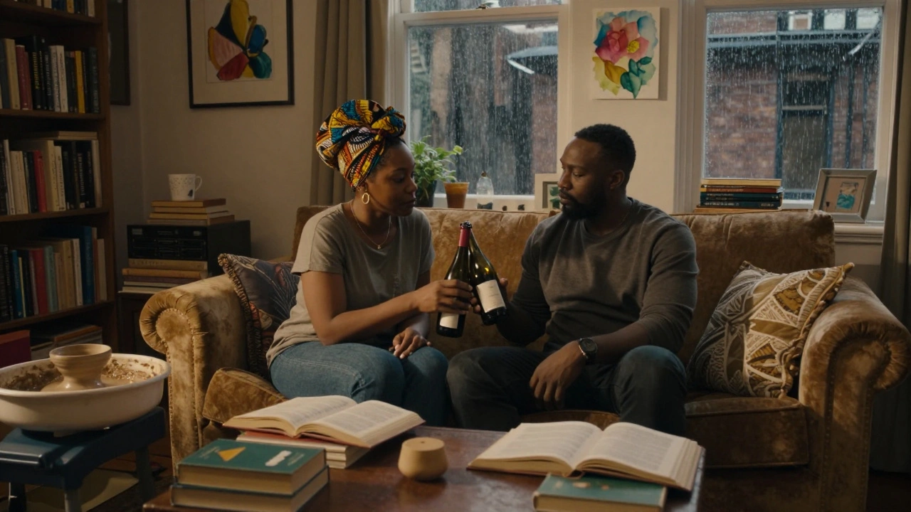 Two people share wine and books in a cozy Walthamstow living room, surrounded by art and pottery, bathed in warm lamplight.