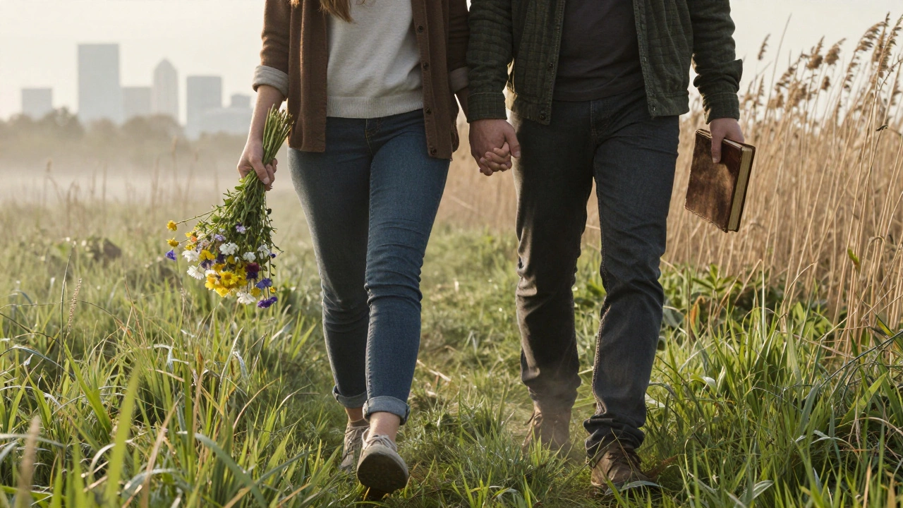 Two people stroll through spring meadows in Hackney, holding wildflowers and a book.