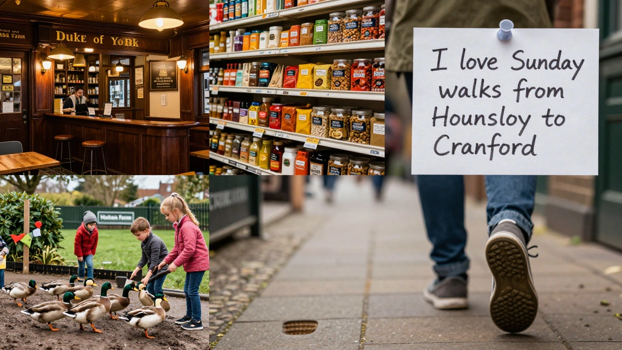 A collage of authentic Hounslow scenes: a local pub, spice shop, urban farm, and handwritten note, symbolizing genuine community connection.