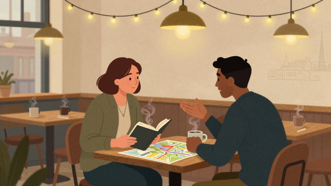 A couple sharing quiet conversation over coffee in a warm, softly lit Stratford café, surrounded by subtle East London details.