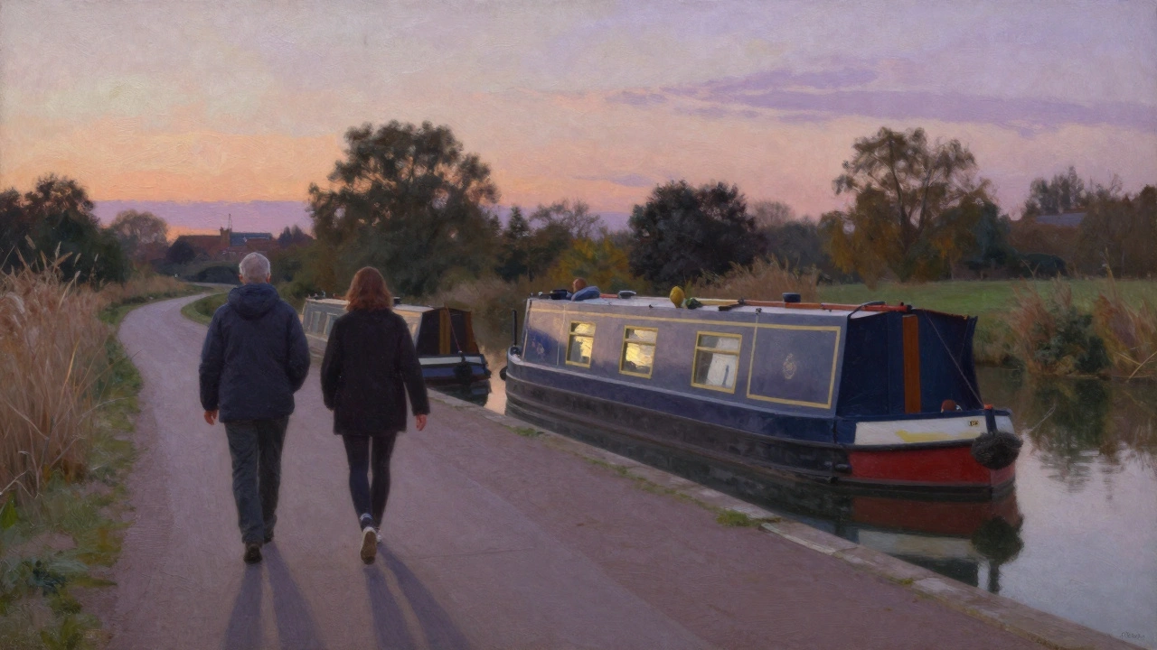A couple walks peacefully along the Grand Union Canal at sunset, shadows stretching on the water.