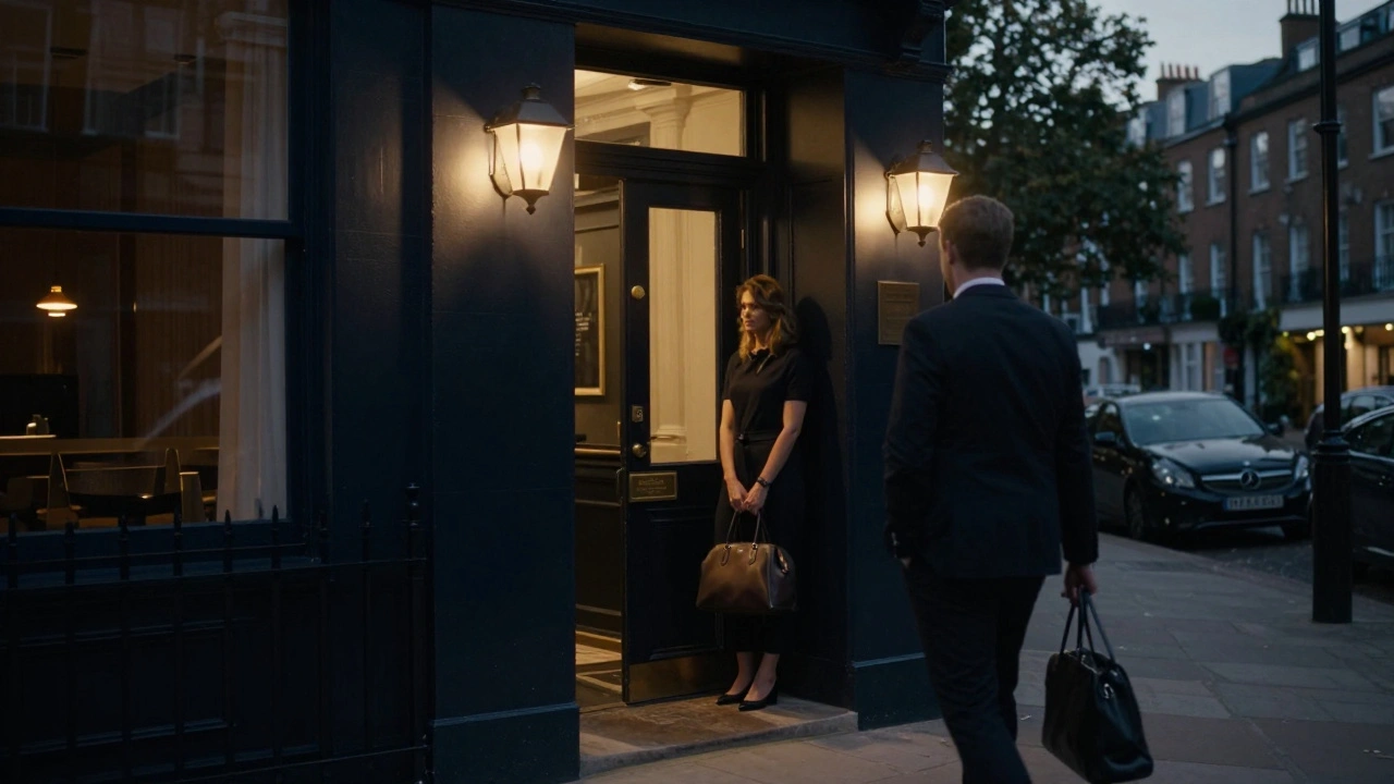 A discreet hotel entrance in Ealing at twilight, a woman waiting quietly by the door.