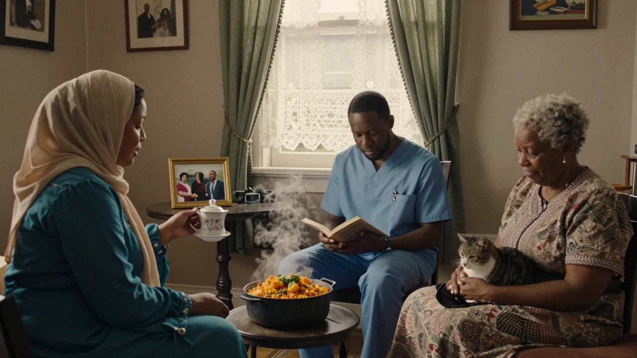 A diverse group of companions in a cozy Victorian home, sharing tea and cultural moments.