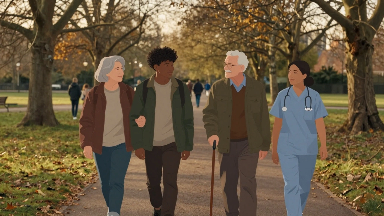 A diverse group walks together in a South London park, embodying quiet human connection.