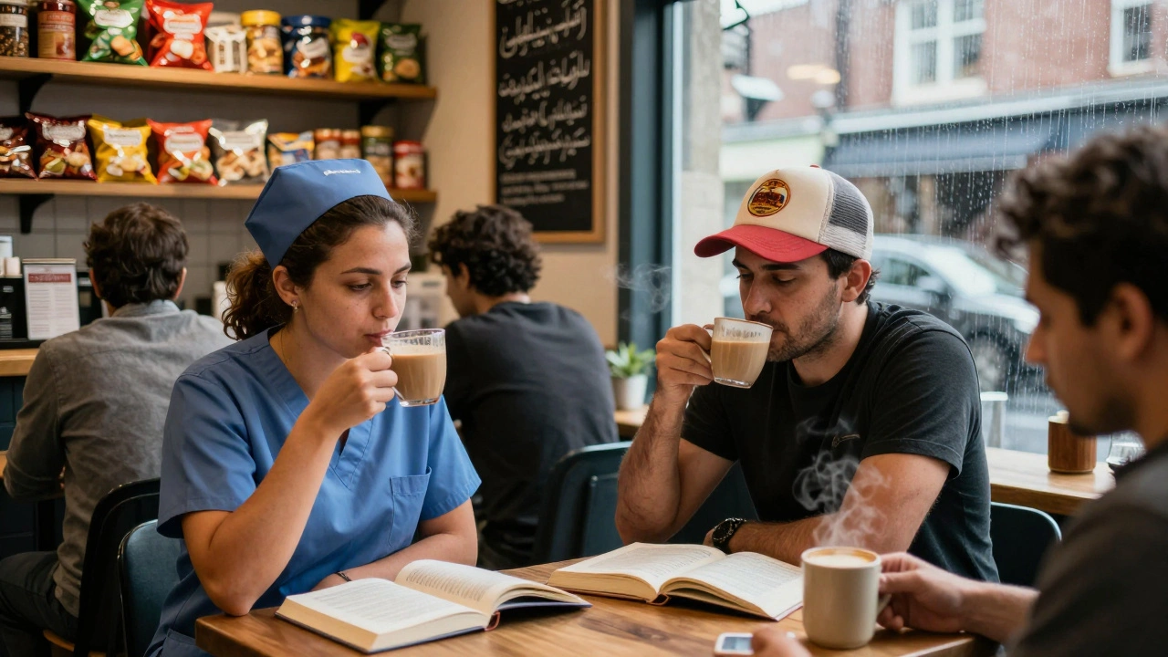 A diverse pair relaxing in a late-night Hornchurch coffee shop, steaming mugs and multicultural snacks on the table.
