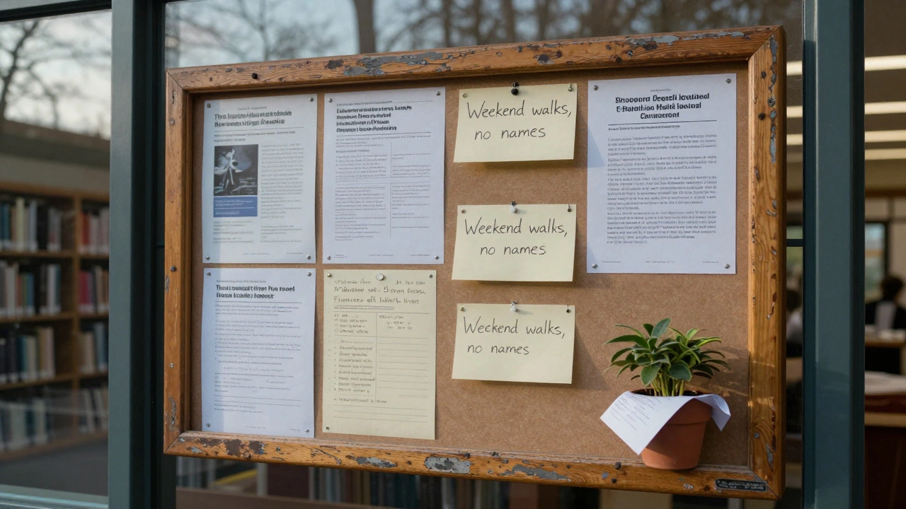 A handwritten note on a community bulletin board outside Harrow Library, hinting at discreet companionship.
