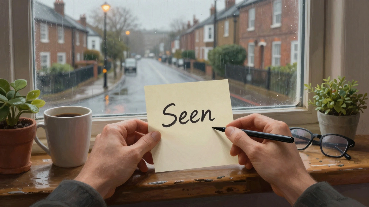 A handwritten note saying 'Seen' rests on a windowsill with coffee and glasses, symbolizing dignity.