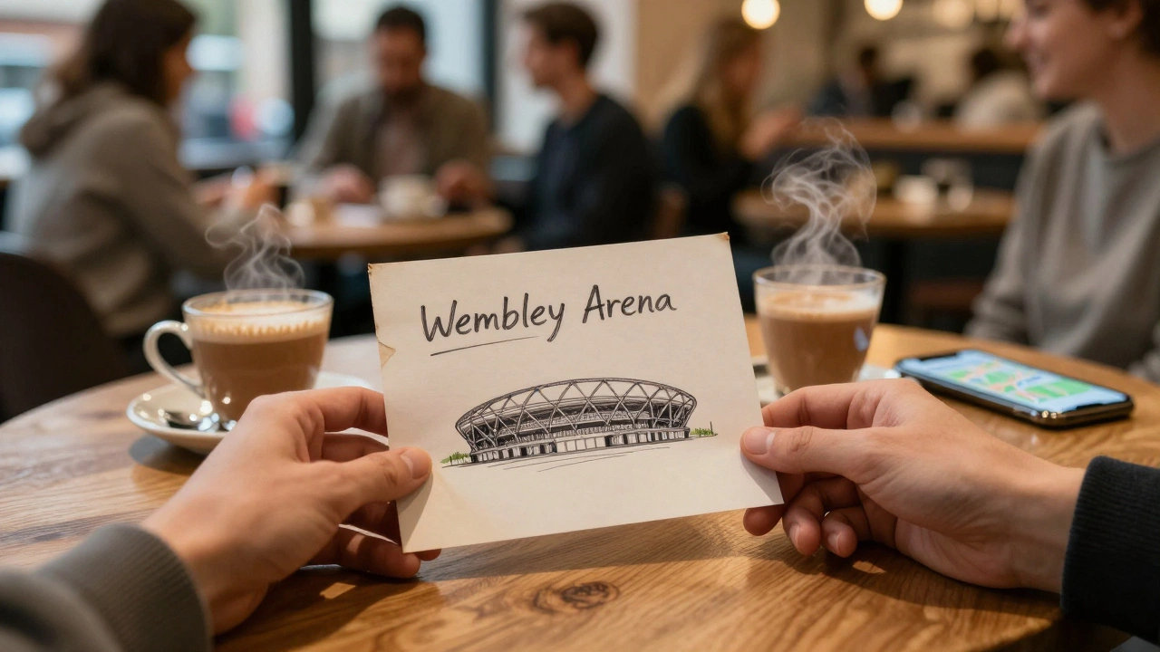 A handwritten note with a sketch of Wembley Arena sits beside a cup of chai on a café table.