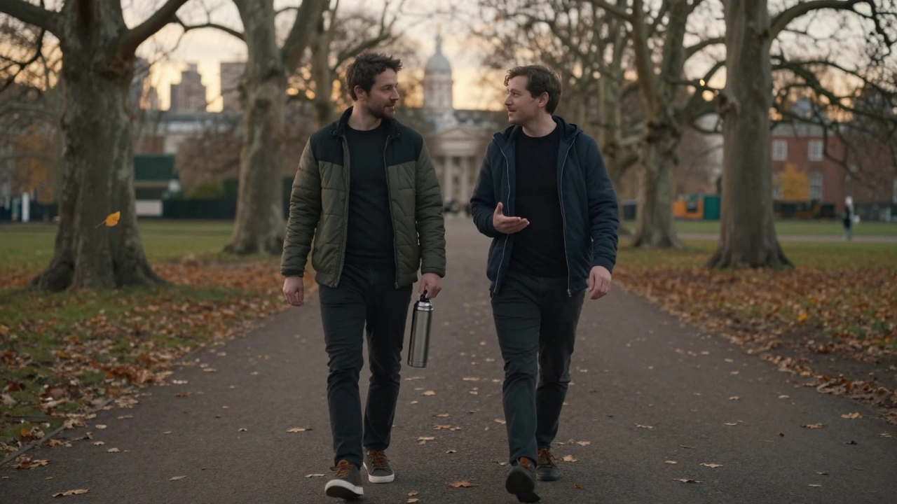 A man and client walking peacefully along a park path at sunset, autumn leaves falling around them.