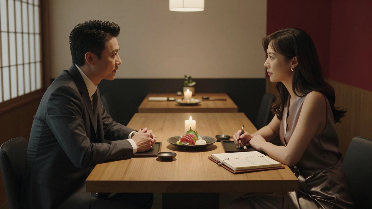 A man and woman dine privately at Nobu in Canary Wharf, candlelight glowing on their faces amid minimalist Japanese decor.