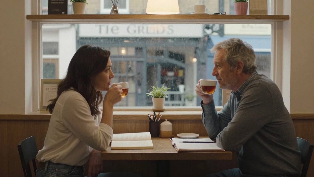 A man and woman having a calm coffee conversation in a cozy Pinner café with rain on the window.