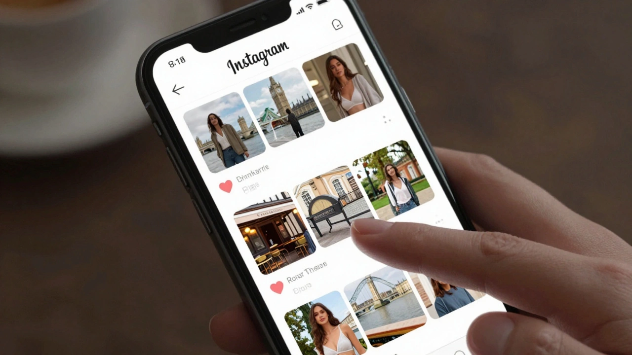 A smartphone displaying a professional social media profile with authentic photos of a woman in Kingston locations.