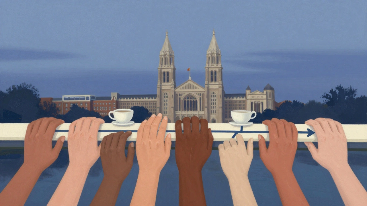 A symbolic bridge made of books, teacups, and bus routes connects neighborhoods under a twilight sky, representing human connection.