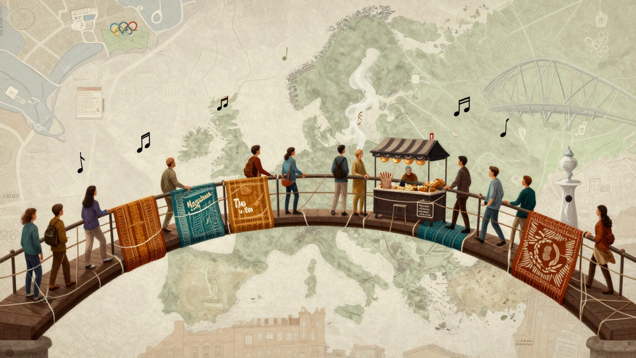 A symbolic bridge made of cultural elements—food, music, and landmarks—connecting the diverse heart of Stratford and East London.