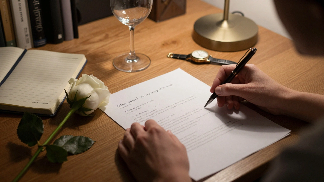 A woman's hands place a white rose beside a dossier with handwritten notes on a wooden desk in a quiet study.