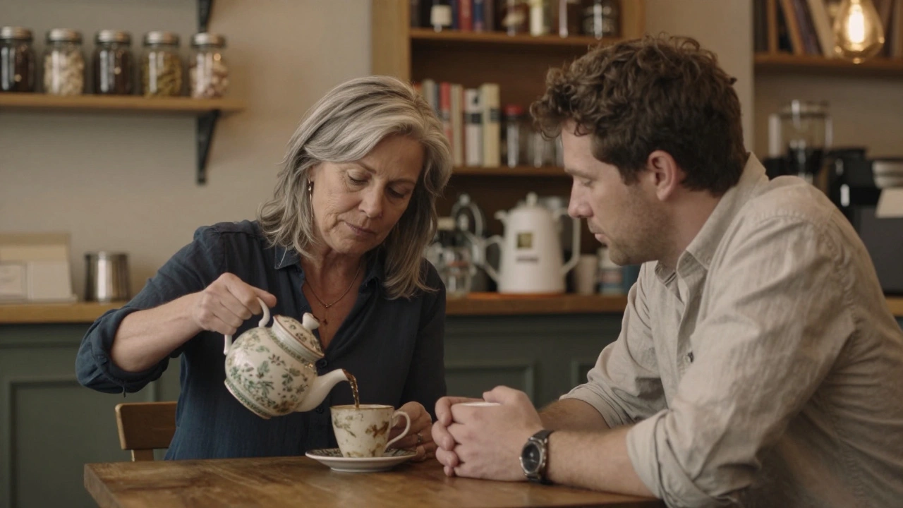 A woman pouring tea for a man in a cozy café, warm lighting, books visible on shelves behind them.