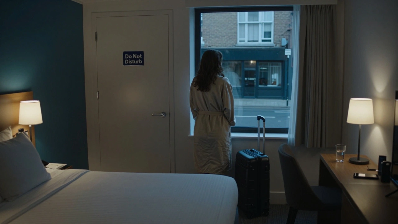 A woman stands by a hotel window in Wembley, the room tidy and private, exuding quiet professionalism.