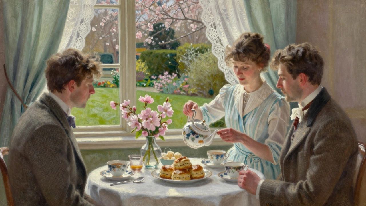 An intimate afternoon tea at The Pinner Hotel with fine china, scones, and cherry blossoms under soft sunlight and lace curtains.