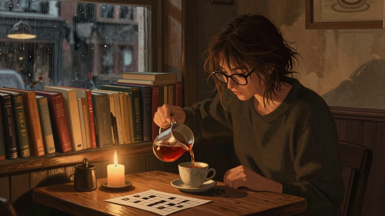 Cozy Forest Hill café scene with tea, books, and candlelight, rain on the window.