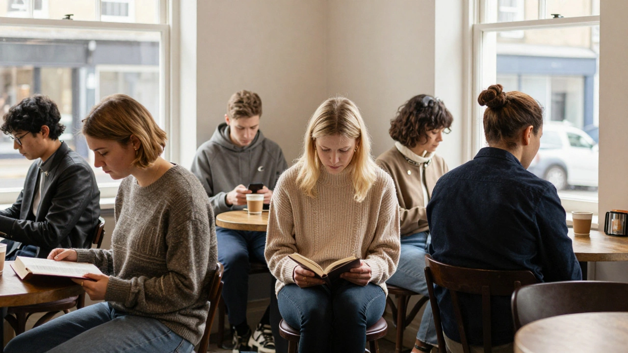 Diverse individuals sitting quietly in a West London café, each lost in their own moment of calm.