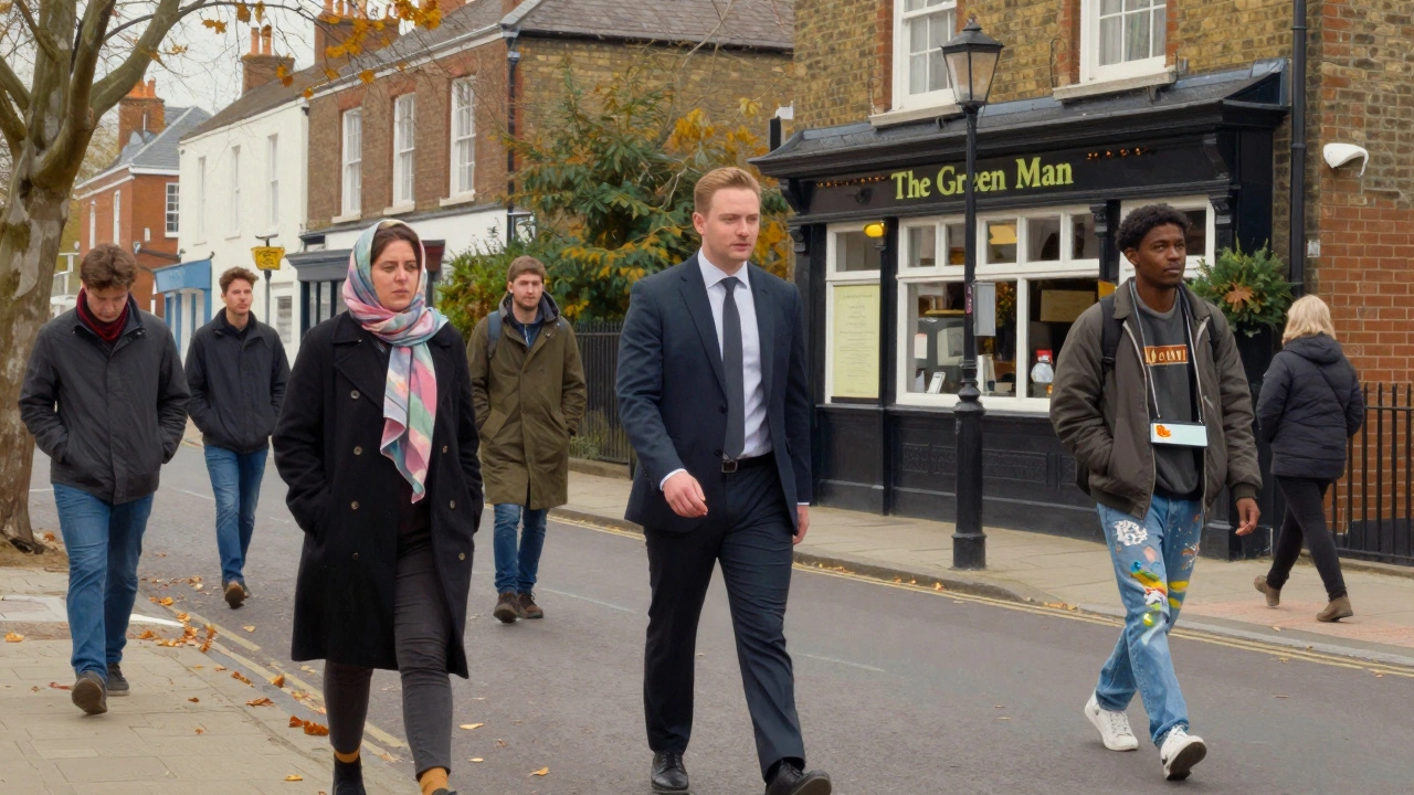 Diverse locals walk peacefully through Ealing Common near a traditional pub.
