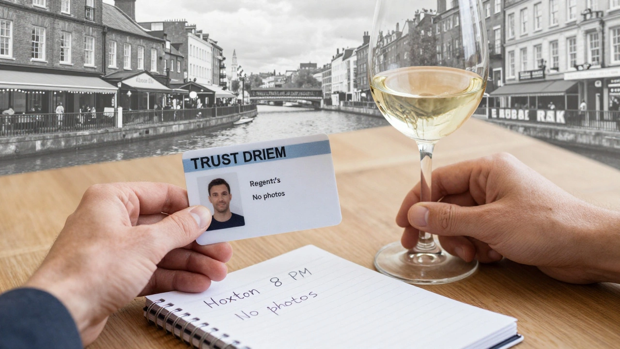 Hands resting on a table with ID and handwritten notes, surrounded by blurred East London landmarks.