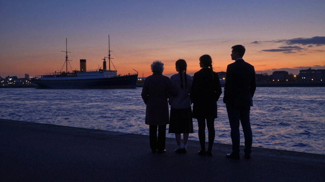 Silhouettes of diverse individuals standing together by the Thames at dusk, O2 Arena faintly lit in the distance.
