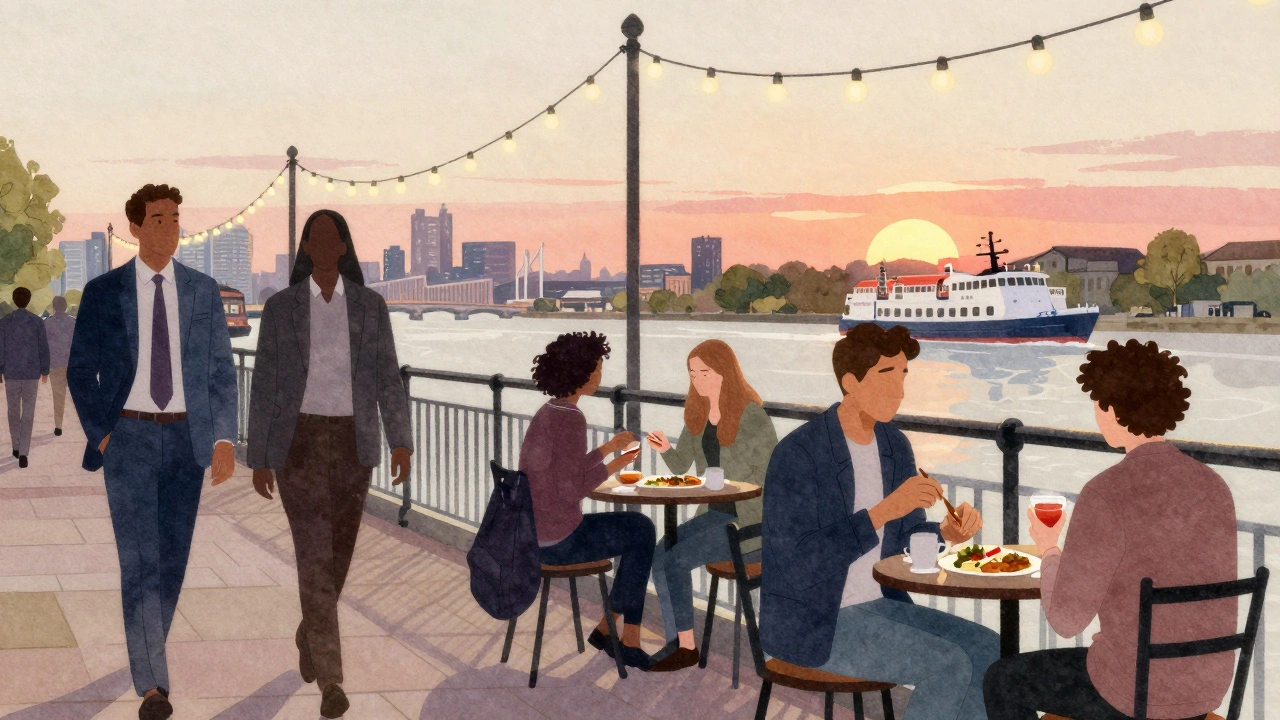 Silhouettes of diverse people enjoying quiet moments across East London at dusk, near water and lights.