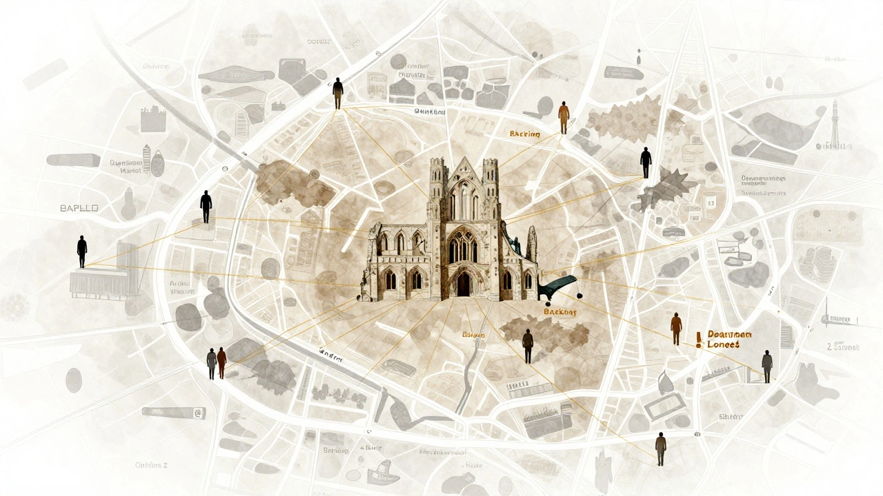 Stylized map of Barking with landmarks connected by golden threads, symbolizing quiet community bonds.