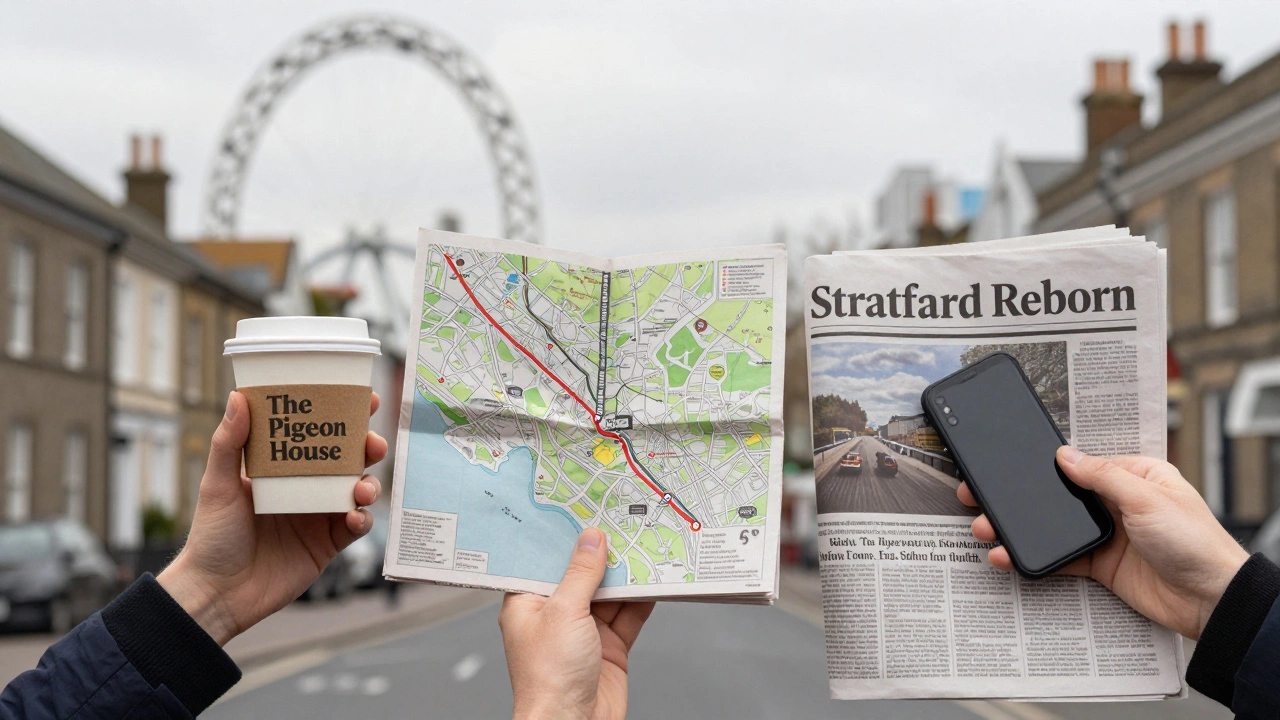 Three symbolic objects representing local life in Stratford: coffee, a map, and a burner phone.