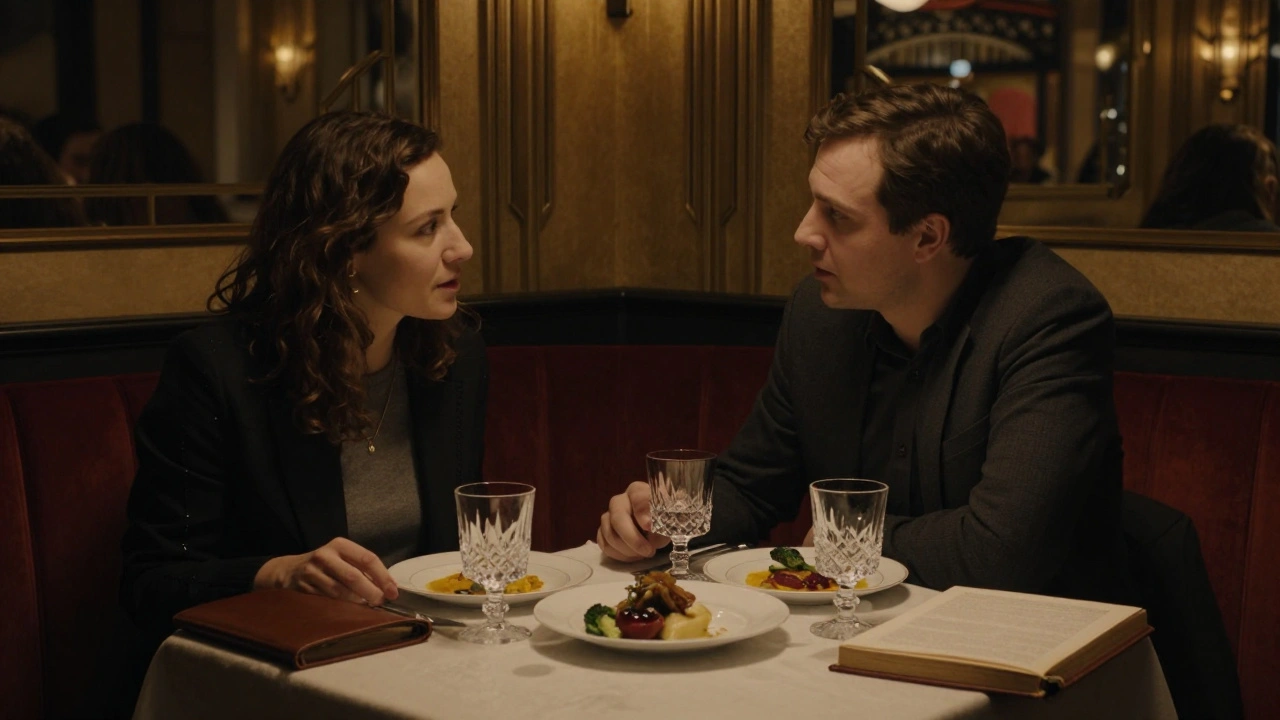 Two people share a quiet dinner in The Wolseley, no devices visible, warm lighting, elegant table setting.