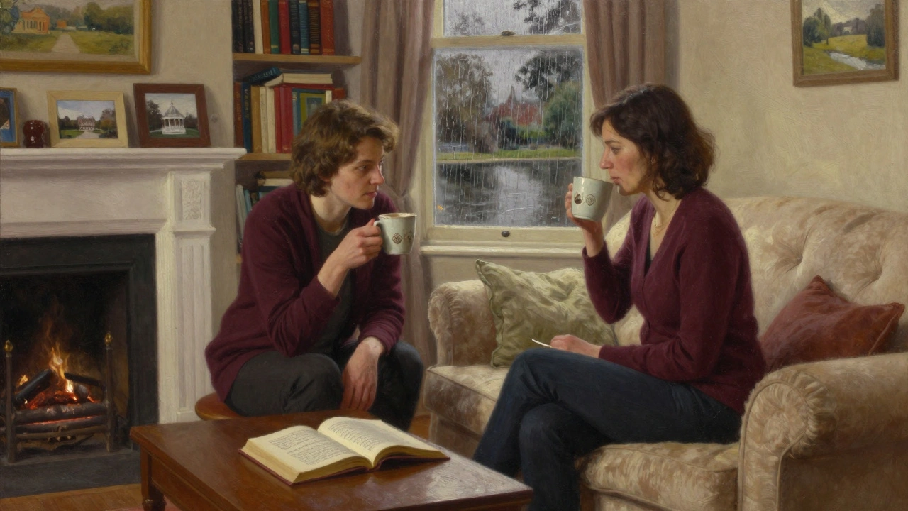 Two people share a quiet moment by a fireplace in a cozy Kingston apartment, sipping tea with a poetry book nearby.