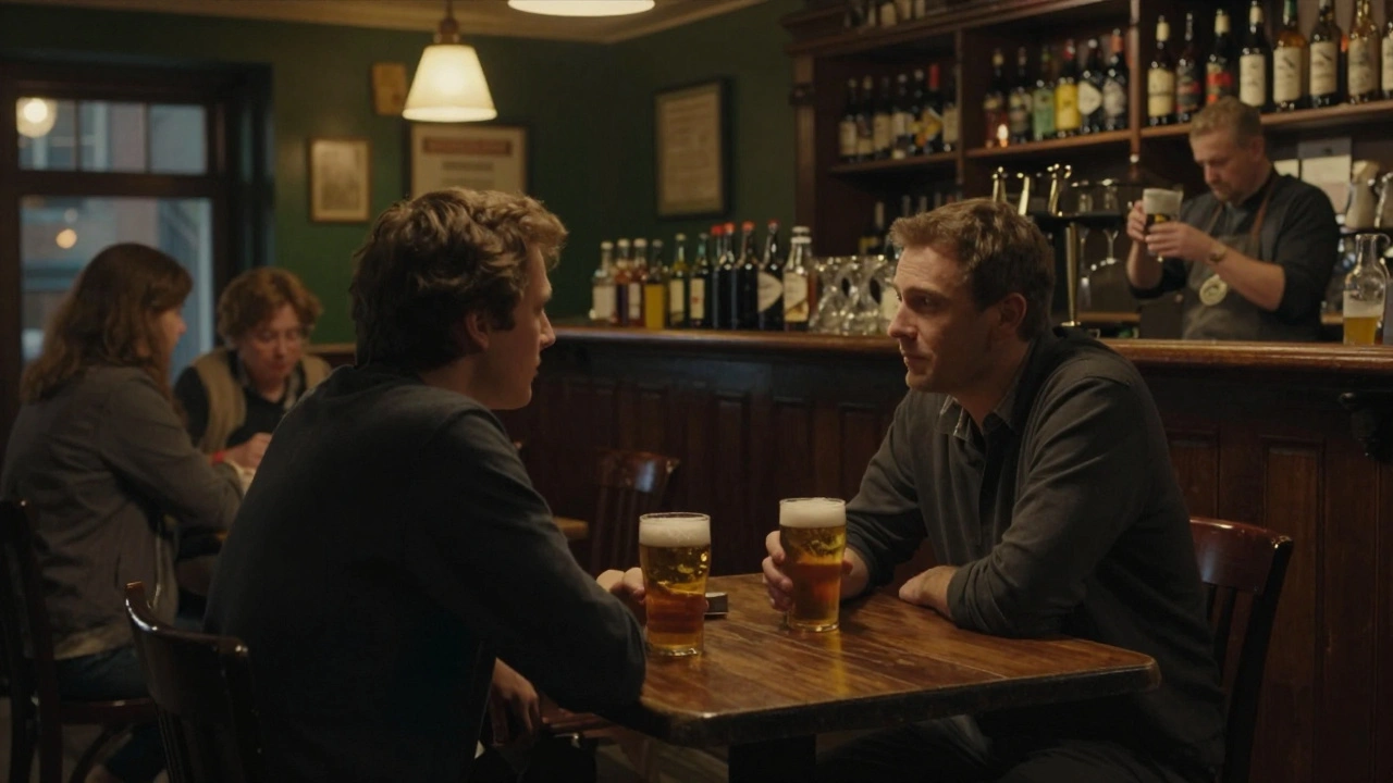 Two people share a quiet moment in a cozy traditional pub with wooden tables and warm lighting.