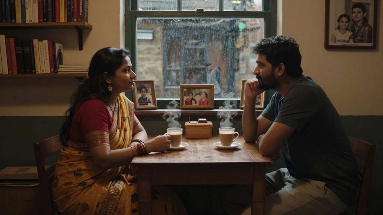 Two people share chai at a small table in a cozy flat, rain on the window, warm lamplight filling the room.