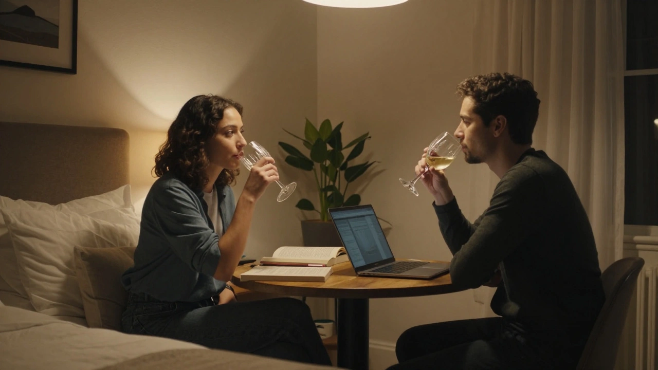 Two people sharing a quiet evening with wine in a cozy hotel room, engaged in thoughtful conversation.