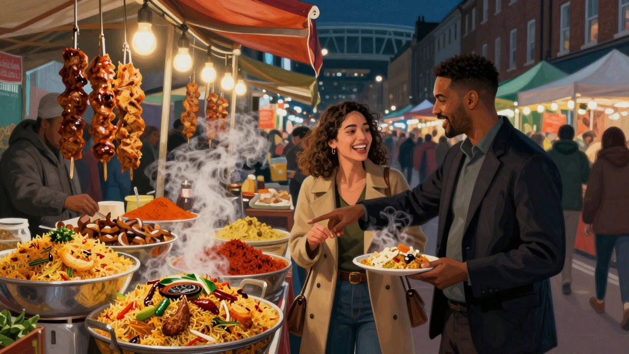 Vibrant night market on Wembley High Road with diverse food stalls and people enjoying meals.