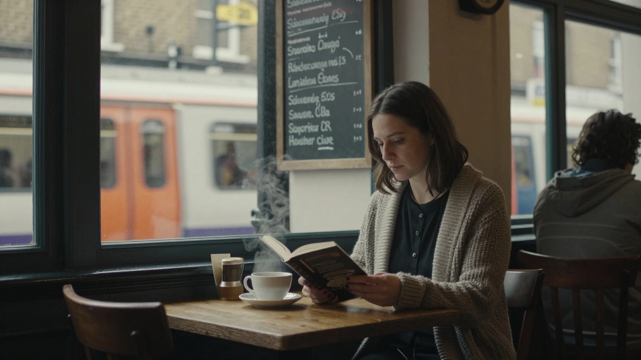 Woman sitting in a cozy East London café near Canning Town Station, drinking tea with a book nearby.