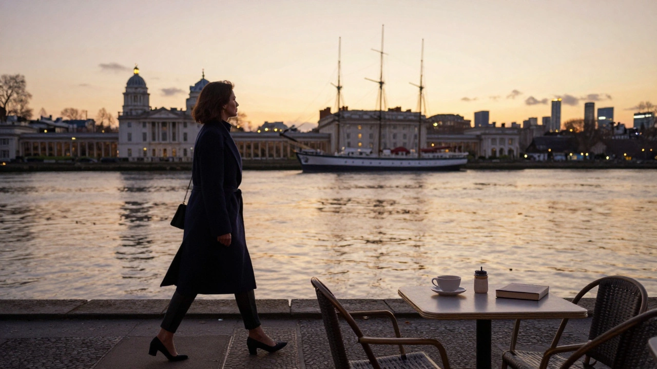 Woman walking alone along Thames in Greenwich at sunset, Cutty Sark in distance, reflective water, empty café table set for two.