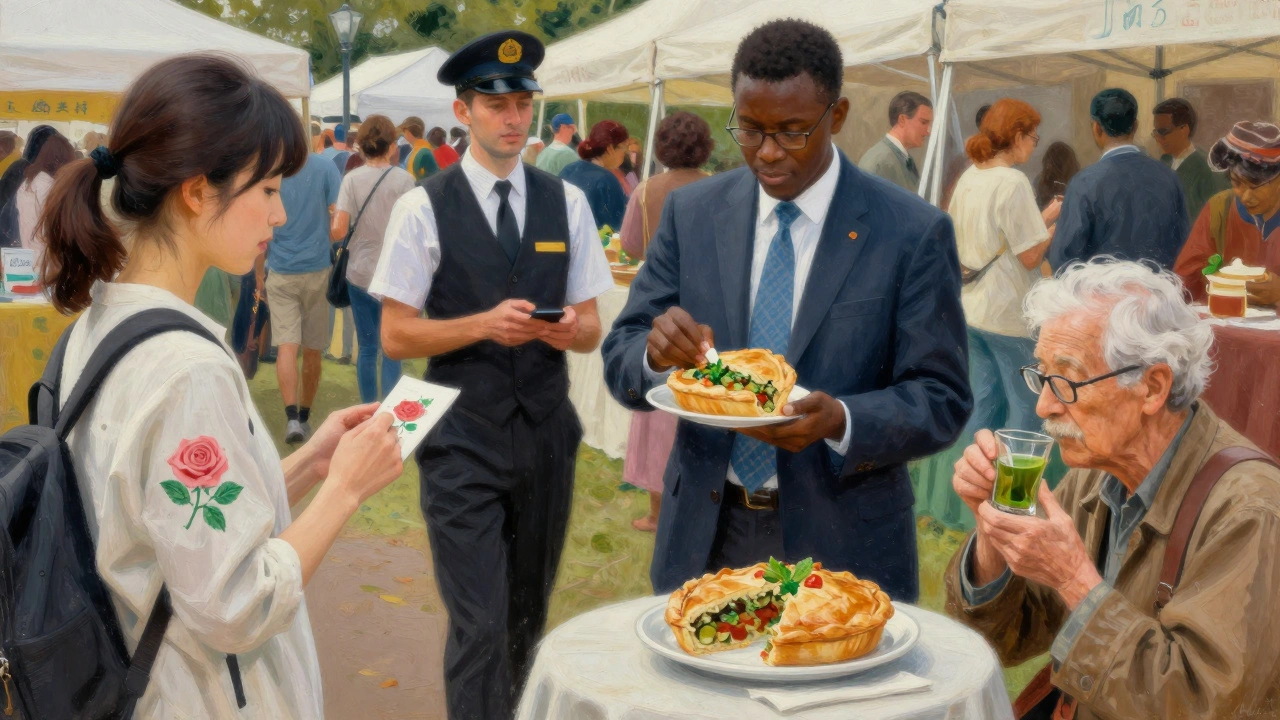 A calm escort observes diverse travelers enjoying the Paddington Festival, surrounded by food, flowers, and quiet joy.